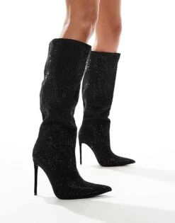 Public Desire Wide Fit Public Desire Lothario Wide Fit Diamante Embellished Stiletto Pointed Knee Boots Black For Women Black Diamante -Desirelic Store 206544132 3