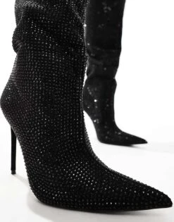 Public Desire Wide Fit Public Desire Lothario Wide Fit Diamante Embellished Stiletto Pointed Knee Boots Black For Women Black Diamante -Desirelic Store 206544132 4