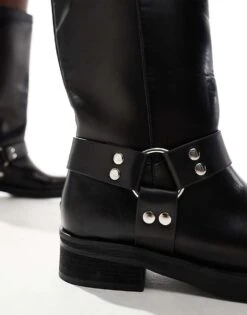 Public Desire Wide Fit Public Desire Sirus Wide Fit Flat Harness Knee Boots In Black For Women -Desirelic Store 206544150 2