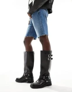 Public Desire Wide Fit Public Desire Sirus Wide Fit Flat Harness Knee Boots In Black For Women -Desirelic Store 206544150 3