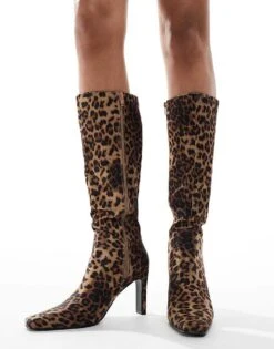 Public Desire Wide Fit Public Desire Pose Wide Fit Heeled Knee Boots In Leopard For Women -Desirelic Store 206544213 3