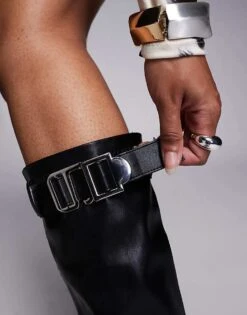 Public Desire Wide Fit Public Desire Halia Wide Fit Heeled Knee Boots With Buckle Detail In Black PU For Women -Desirelic Store 206544214 3