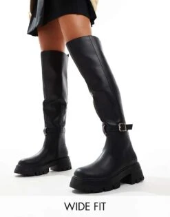 Public Desire Wide Fit Public Desire Zelda Wide Fit Chunky Sole Over The Knee Boots With Pocket Detail In Black For Women Black Pu -Desirelic Store 206544259 1 blackpu 1