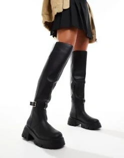 Public Desire Wide Fit Public Desire Zelda Wide Fit Chunky Sole Over The Knee Boots With Pocket Detail In Black For Women Black Pu -Desirelic Store 206544259 3