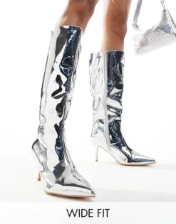 Public Desire Wide Fit Public Desire Amped Wide Fit Kitten Heel Straight Leg Pointed Knee Boots In Silver Mirror For Women -Desirelic Store 206544285 1 silvermirror 1