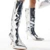Public Desire Wide Fit Public Desire Amped Wide Fit Kitten Heel Straight Leg Pointed Knee Boots In Silver Mirror For Women -Desirelic Store 206544285 1 silvermirror