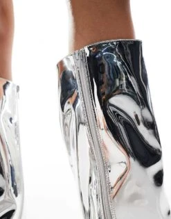 Public Desire Wide Fit Public Desire Amped Wide Fit Kitten Heel Straight Leg Pointed Knee Boots In Silver Mirror For Women -Desirelic Store 206544285 3