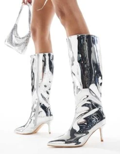 Public Desire Wide Fit Public Desire Amped Wide Fit Kitten Heel Straight Leg Pointed Knee Boots In Silver Mirror For Women -Desirelic Store 206544285 4
