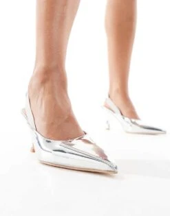 Public Desire Malia Pointed Mid Heels With Elastic Sling Back In Silver Mirror For Women -Desirelic Store 206560872 3