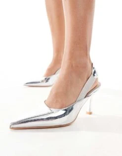 Public Desire Malia Pointed Mid Heels With Elastic Sling Back In Silver Mirror For Women -Desirelic Store 206560872 4