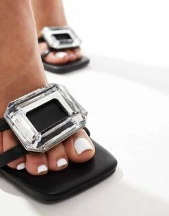 Public Desire Vela Heeled Sandals With Square Embellished Trim In Black For Women -Desirelic Store 206560891 3