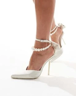 Public Desire Sariah Bridal  Pointed Heels In Ivory Satin With Pearl Ankle Strap And Corsage Detail For Women