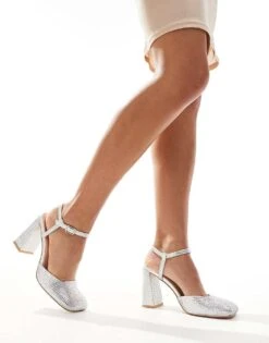 Public Desire Electa Diamante Embellished Square Toe Heeled Shoes In Silver For Women -Desirelic Store 206560935 2