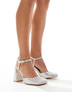 Public Desire Electa Diamante Embellished Square Toe Heeled Shoes In Silver For Women -Desirelic Store 206560935 3