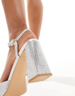 Public Desire Electa Diamante Embellished Square Toe Heeled Shoes In Silver For Women -Desirelic Store 206560935 4