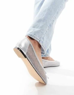 Public Desire Lula Bow Ballet Flats With Strap In Silver Mesh For Women Silve Mesh -Desirelic Store 206560973 2