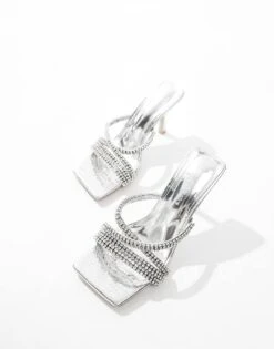 Public Desire Match Made Embellished Mid Heel Mules In Silver Mirror For Women -Desirelic Store 206561035 4