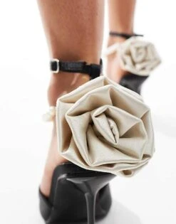 Public Desire Sariah Pointed Heels In Black With Pearl Ankle Strap And Corsage Detail For Women -Desirelic Store 206561062 2