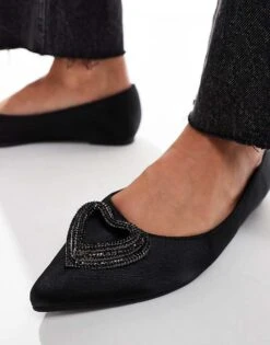 Public Desire Lilah Embellished Heart Pointed Ballet Flats In Black For Women Tripple Black -Desirelic Store 206561142 2
