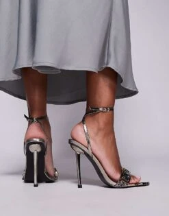 Public Desire Icicle Embellished Mid Heeled Sandals In Gun Metal Metallic For Women -Desirelic Store 206561196 2