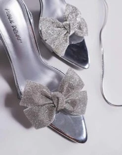 Public Desire Fame Embellished Bowmid Heel Sandals In Silver Mirror For Women -Desirelic Store 206561205 2