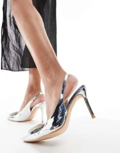 Public Desire Floss Embellished Trim Heeled Slingback Shoes In Silver Metallic For Women -Desirelic Store 206561267 2