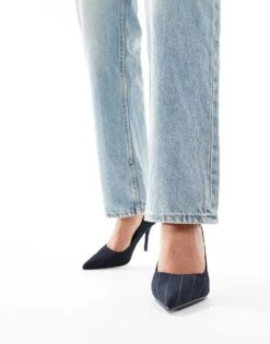 Public Desire Evita Pointed Heeled Shoes In Black Pinstripe For Women -Desirelic Store 206561303 2