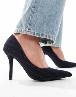 Public Desire Evita Pointed Heeled Shoes In Black Pinstripe For Women -Desirelic Store 206561303 4
