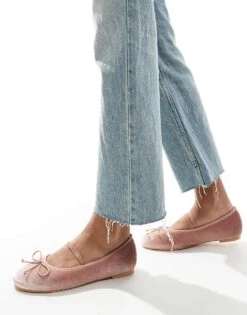 Public Desire Alexa Bow Ballet Flats With Strap In Blush Velvet For Women