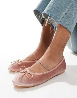 Public Desire Alexa Bow Ballet Flats With Strap In Blush Velvet For Women -Desirelic Store 206561312 4