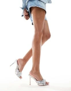 Public Desire Wide Fit Public Desire Sable Wide Fit Heeled Mules With Applique Flowers In Silver For Women -Desirelic Store 206562501 4