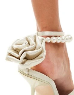 Public Desire Wide Fit Public Desire Sariah Bridal Pointed Heels In Ivory Satin With Pearl Ankle Strap And Corsage Detail For Women -Desirelic Store 206562528 2