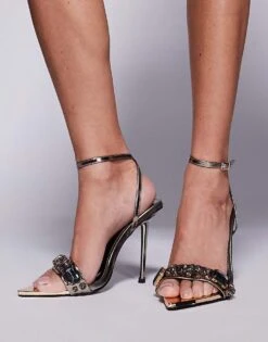 Public Desire Wide Fit Public Desire Icicle Wide Fit Embellished Mid Heeled Sandals In Gun Metal Silver For Women