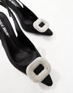 Public Desire Wide Fit Public Desire Floss Wide Fit Embellished Trim Heeled Slingback Shoes In Black Satin For Women -Desirelic Store 206562608 3