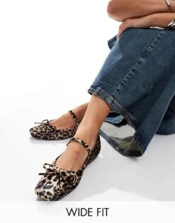 Public Desire Wide Fit Public Desire Kandi Bow Ballet Flats With Strap In Leopard Velvet  For Women