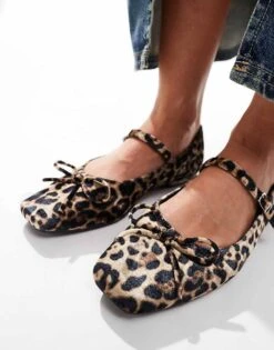 Public Desire Wide Fit Public Desire Kandi Bow Ballet Flats With Strap In Leopard Velvet For Women -Desirelic Store 206562626 3