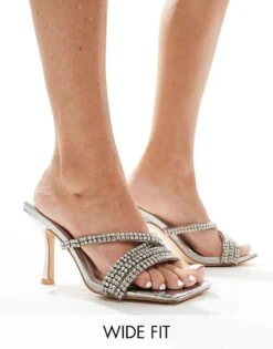 Public Desire Wide Fit Public Desire Match Made Wide Fit Embellished Mid Heel Mules In Silver Mirror For Women -Desirelic Store 206562708 1 silver 1