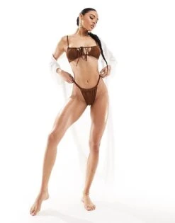 Public Desire Ruched Tie Front Bikini In Brown Glitter - BROWN