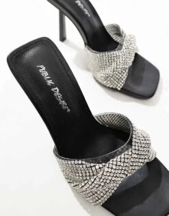 Public Desire Pegasis Twist Front Rhinestone Embellished Heeled Mules In Black For Women Black Diamante -Desirelic Store 207026155 2