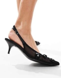 Public Desire Wide Fit Public Desire Kyle Wide Fit Sling Back Pointed Kitten Heels With 3D Embellished Flowers In Black For Women Silver -Desirelic Store 207026472 3