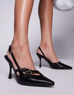 Public Desire Smooch Strappy Sling Back Kitten Heeled Shoes In Black For Women