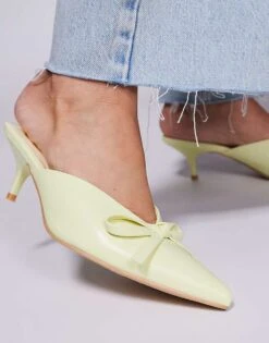Public Desire Wide Fit Lionheart Pointed Kitten Heel Mules With Bow In Yellow For Women -Desirelic Store 207365203 3