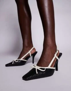 Public Desire Wide Fit Alchemy Laser Cute Sling Back Heels With Bow In Cream And Black For Women Cream/black