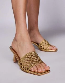 Public Desire Wide Fit Maribelle Woven Kitten Heel Mule Sandals In Gold For Women