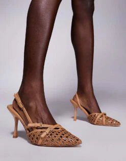 Public Desire Wide Fit Smooch Woven Strappy Sling Back Heeled Shoes In Tan For Women -Desirelic Store 207365436 1 tan 1