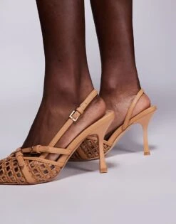 Public Desire Wide Fit Smooch Woven Strappy Sling Back Heeled Shoes In Tan For Women -Desirelic Store 207365436 2