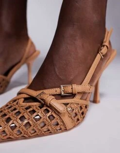 Public Desire Wide Fit Smooch Woven Strappy Sling Back Heeled Shoes In Tan For Women -Desirelic Store 207365436 3