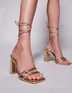 Public Desire Wide Fit Schiffer Block Heeled Sandals With Tie Leg In Gold For Women -Desirelic Store 207365482 1 gold 1