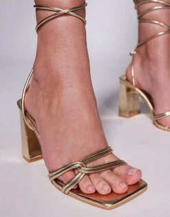 Public Desire Wide Fit Schiffer Block Heeled Sandals With Tie Leg In Gold For Women -Desirelic Store 207365482 2