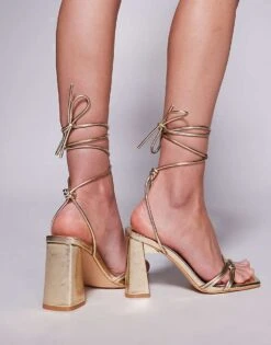 Public Desire Wide Fit Schiffer Block Heeled Sandals With Tie Leg In Gold For Women -Desirelic Store 207365482 3